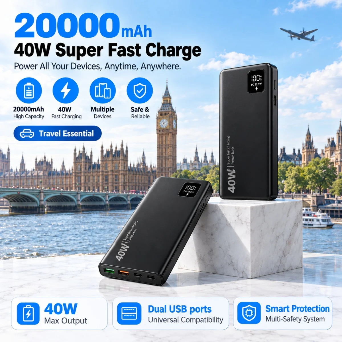 20000mAh Power Bank 40W Ultra Fast Charging, High Capacity Portable