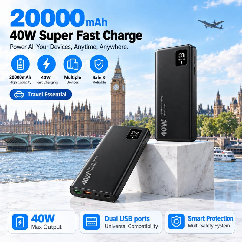 20000mAh Power Bank 40W Ultra Fast Charging, High Capacity Portable