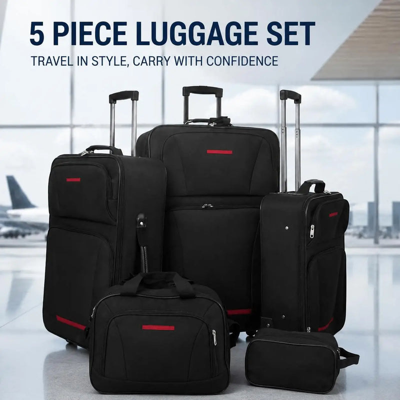 Black 5 Piece Nestable Luggage Set, 100% Polyester PVC Waterproof
