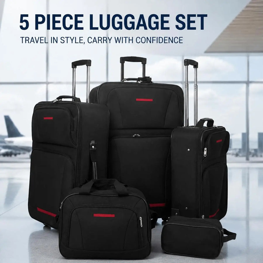 Black 5 Piece Nestable Luggage Set, 100% Polyester PVC Waterproof