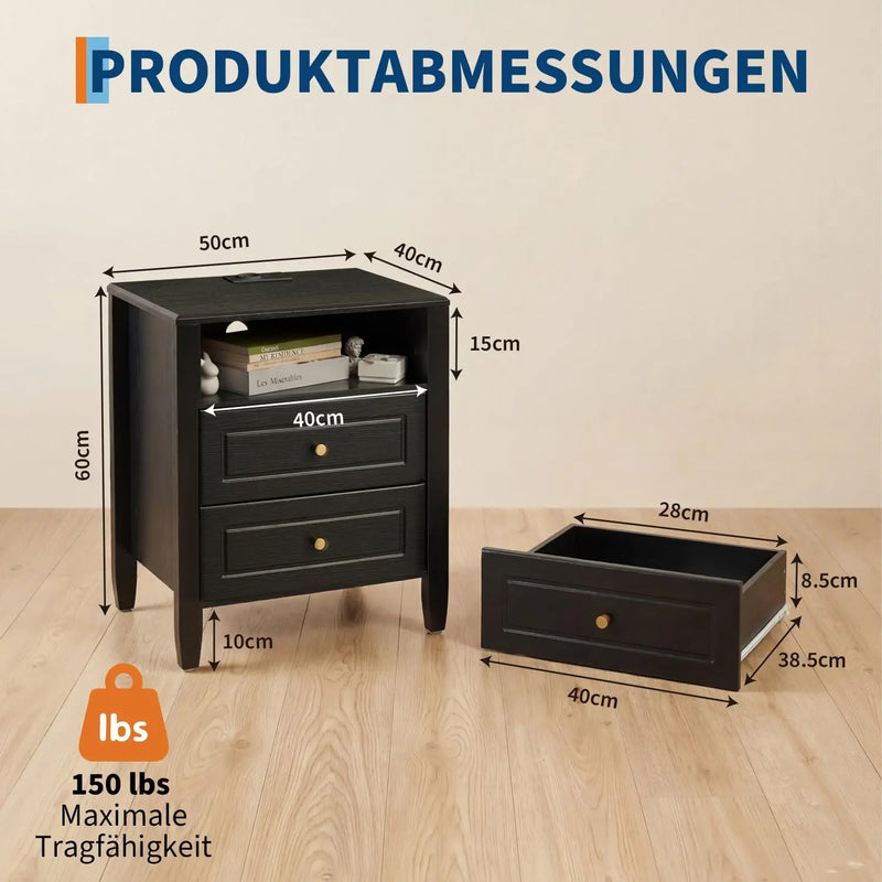 2 Drawers Nightstand Wooden Bedside Cabinet Bedroom Storage Side Table