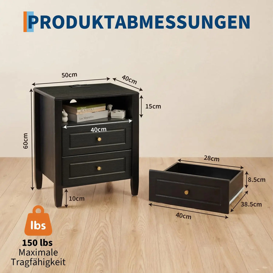 2 Drawers Nightstand Wooden Bedside Cabinet Bedroom Storage Side Table