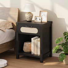 Boho Rattan Nightstand with Drawer and Open Shelf - Modern Dresser for