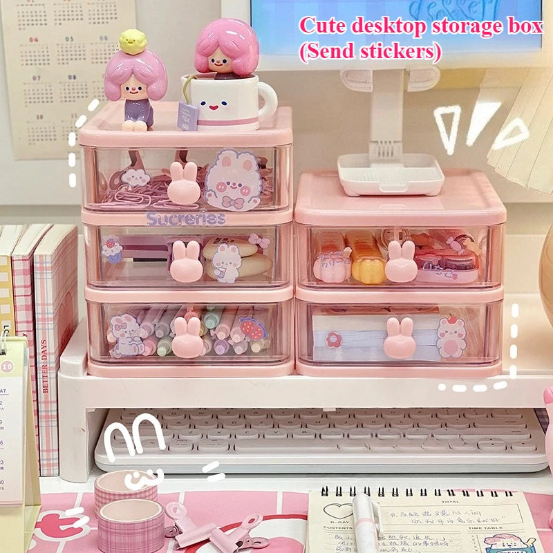 Desktop Storage Box Organizer Student Table Transparent Drawer Cute