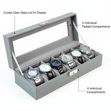 6-Slot Watch Box with Lock & Built-in Mirror - Gray Faux Leather