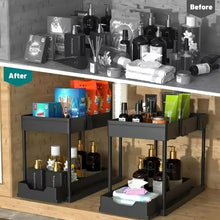 2 Tier Under Sink Organizer Sliding Cabinet Basket with Hooks Hanging