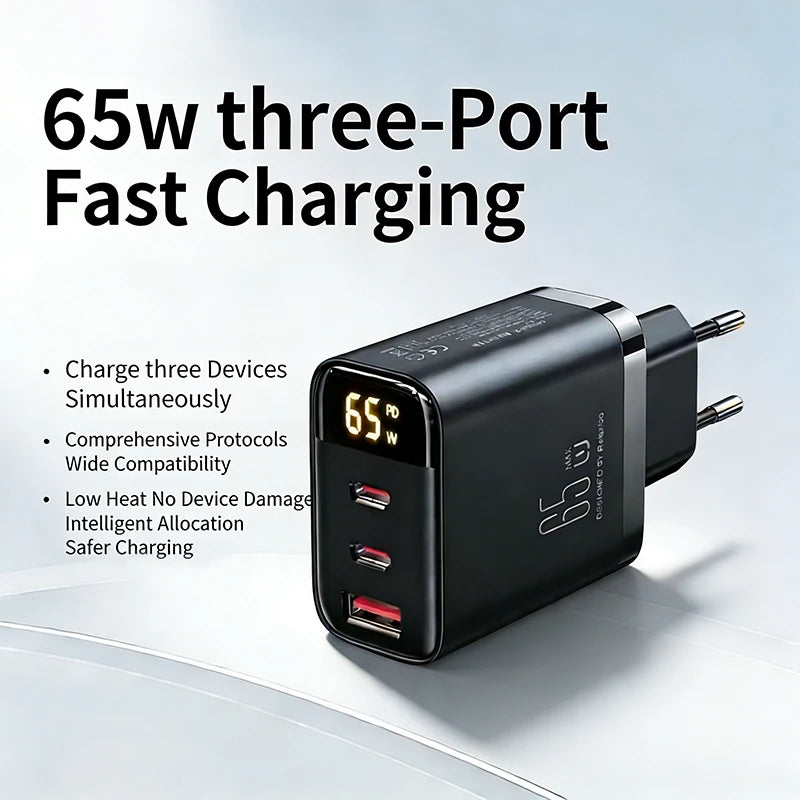 65W PD Fast USB Charge Charger 2 Ports EU US Plug Wall Adapter For