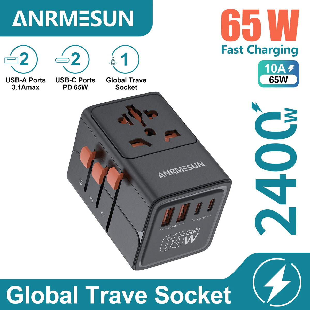 65W/45W/25W GaN Universal Travel Adapter with 2 USB Type C Fast