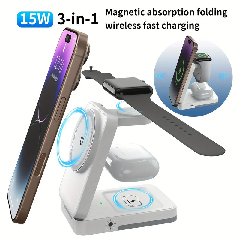 3 in 1 Foldable LED Light Wireless Charger Stand For iPhone 16 15 14 13