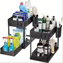 2 Tier Under Sink Organizer Sliding Cabinet Basket with Hooks Hanging