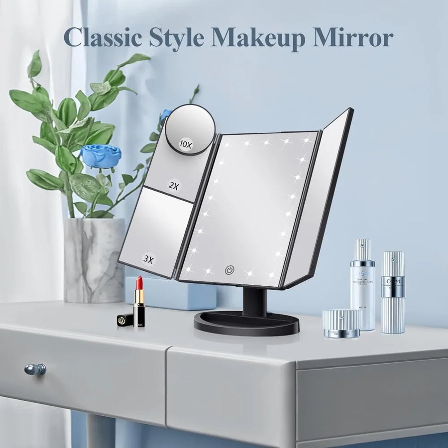Large Foldable LED Makeup Mirror - 2X/3X/10X Magnification, USB &