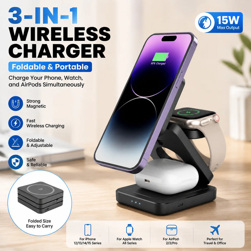 3 in 1 Wireless Charger Stand Magnetic Foldable Charging Station for