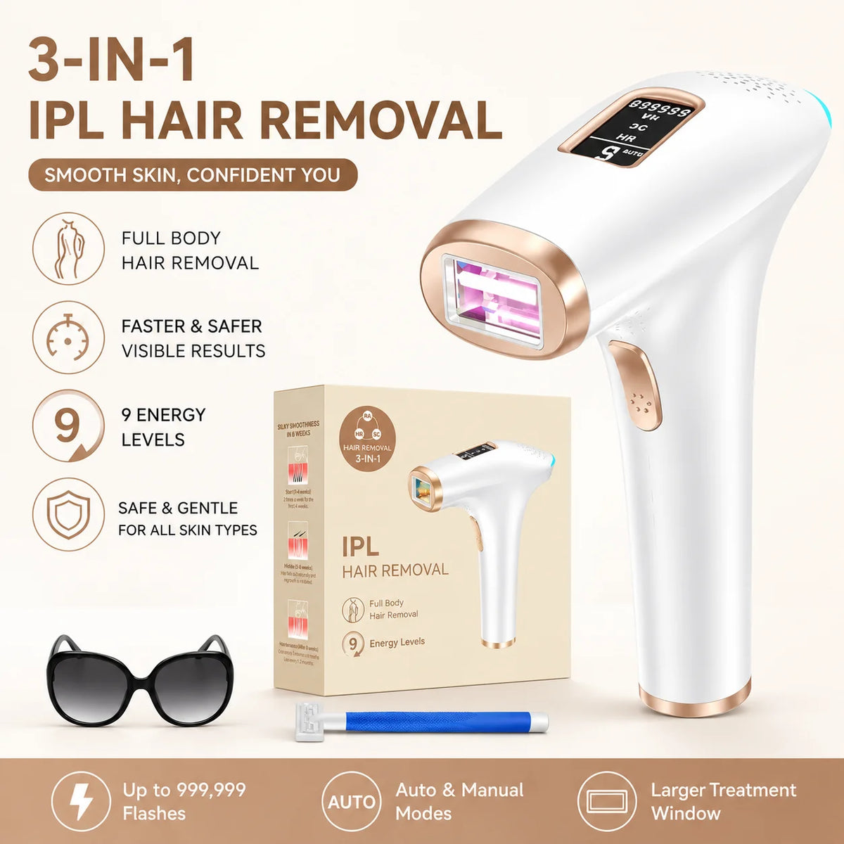 Hair Removal Device IPL Laser Epilator 999,900 Flashes, 9 Levels & 2