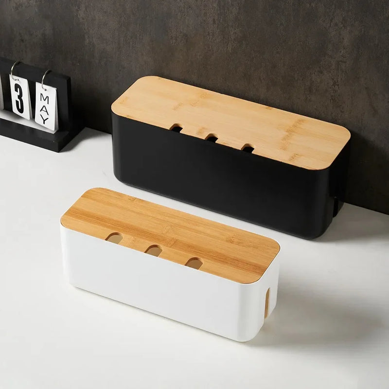 Bamboo Cover Cable Management Box Wire Junction Board Storage Hide