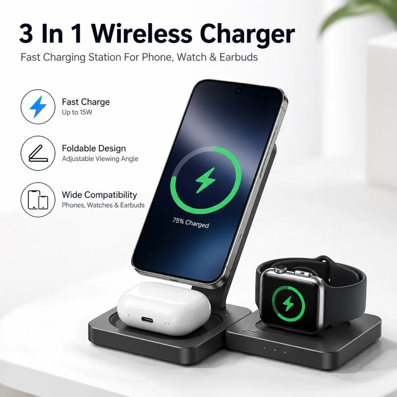 3 In 1 Wireless Charger Fast Charging Station For Phone Watch Earbuds
