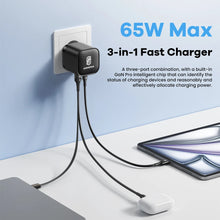 65W GaN USB Charger with Type C Retractable Cable 3 Port QC4.0 PD3.0