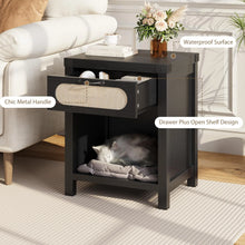 Boho Rattan Nightstand with Drawer and Open Shelf - Modern Dresser for