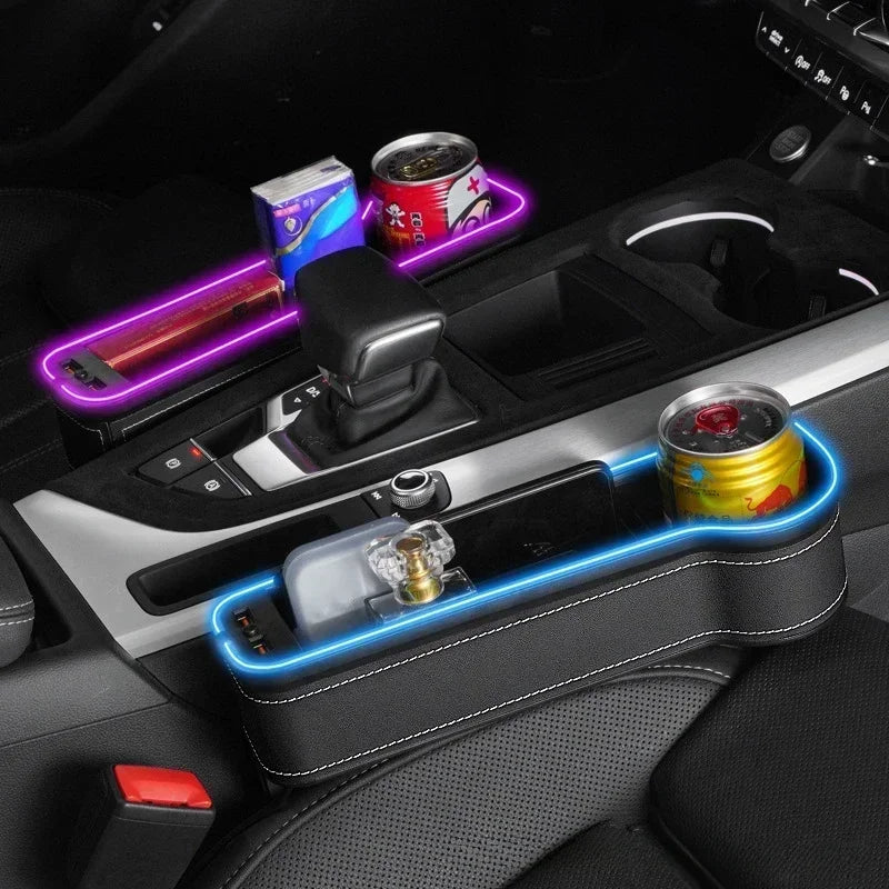 Car Crevice Storage Box with 2 USB Charger Colorful LED Seat Gap Slit