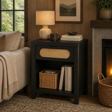 Boho Rattan Nightstand with Drawer and Open Shelf - Modern Dresser for