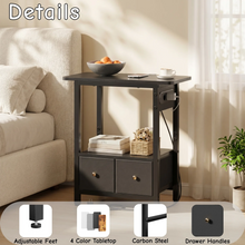 Night Stand with Charging Station, Side Table with 2 Fabric Drawers