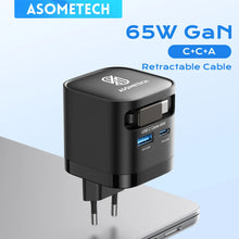 65W GaN USB Charger with Type C Retractable Cable 3 Port QC4.0 PD3.0