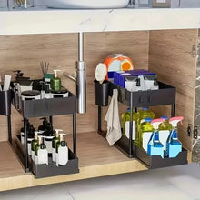 2 Tier Under Sink Organizer Sliding Cabinet Basket with Hooks Hanging