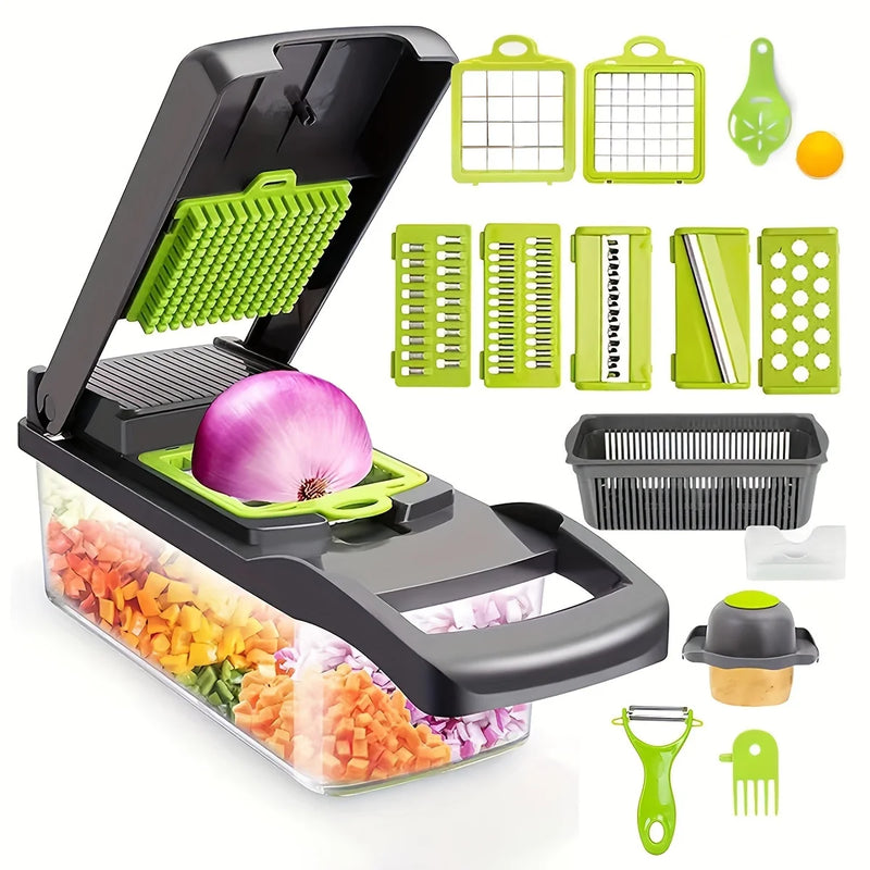 16-in-1 Vegetable Chopper - Manual Food Slicer with Container & Drain