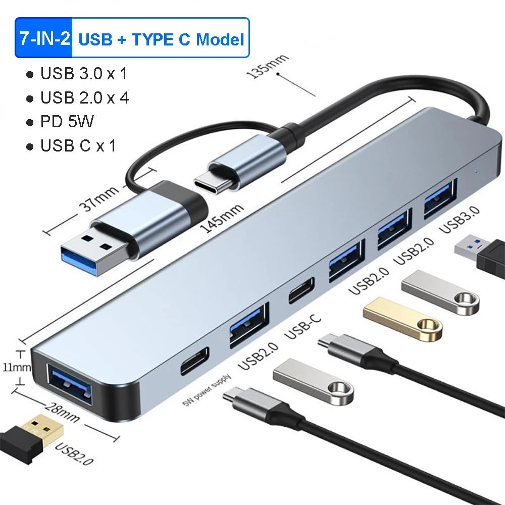 USB C Hub USB 3.0, Aluminum 7 in 1 USB Extender, USB Splitter with X