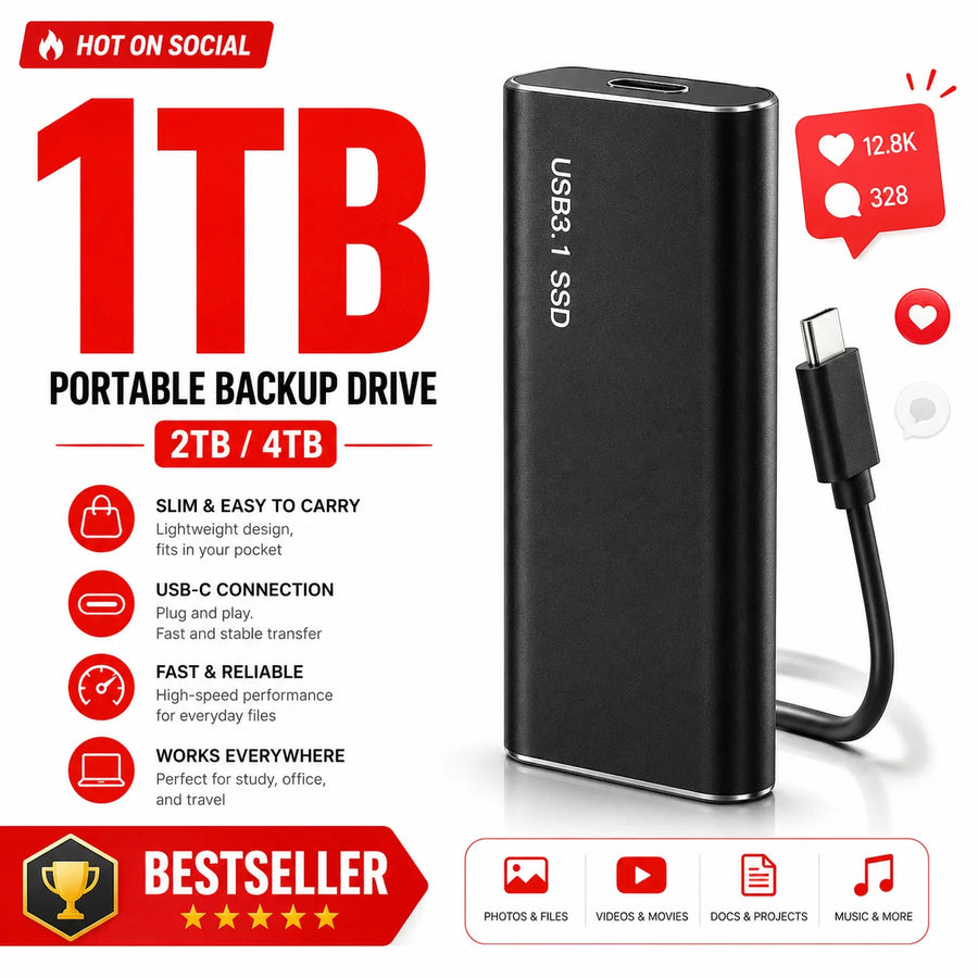 1TB Efficient Fast Portable External Hard Drive SSD USB 3.1 Type-C for