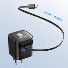 65W GaN USB Charger with Type C Retractable Cable 3 Port QC4.0 PD3.0