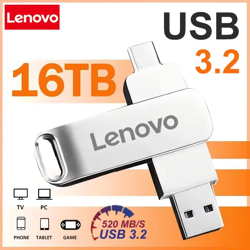 Lenovo USB3.2 USB Flash Drive 16TB OTG Pen High Speed Type-C Disk Real