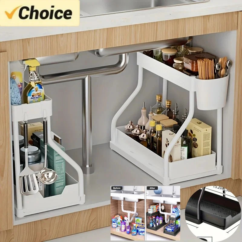 Space Saving 2 Tier Under Sink Organizer,Pull Out Storage Box Durable