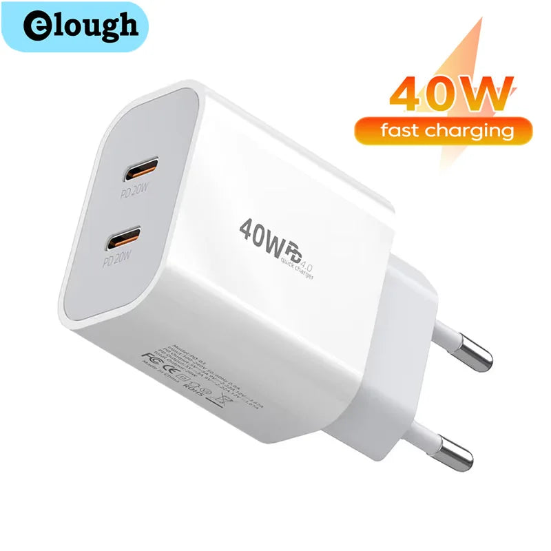 Elough 40W Dual Port USB C Charger Fast Charging QC3.0 PD Type C Phone