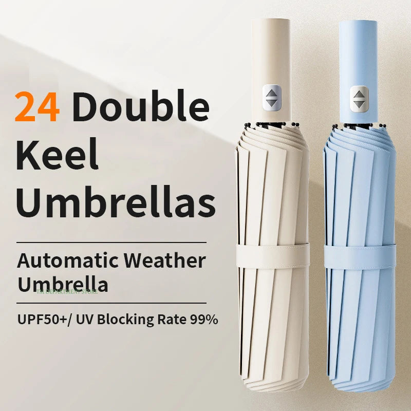 24 Bone Windproof anti-UV Fully Automatic Large Umbrella 3 Folding Ribs