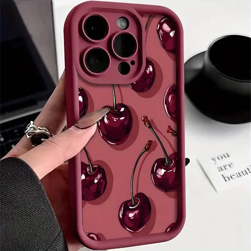 Luxury Wine Red Cherry Print Case for iPhone 18 Pro Max 17 16 15 14 13