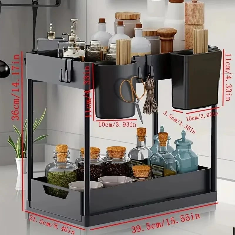 2 Tier Under Sink Organizer Sliding Cabinet Basket with Hooks Hanging