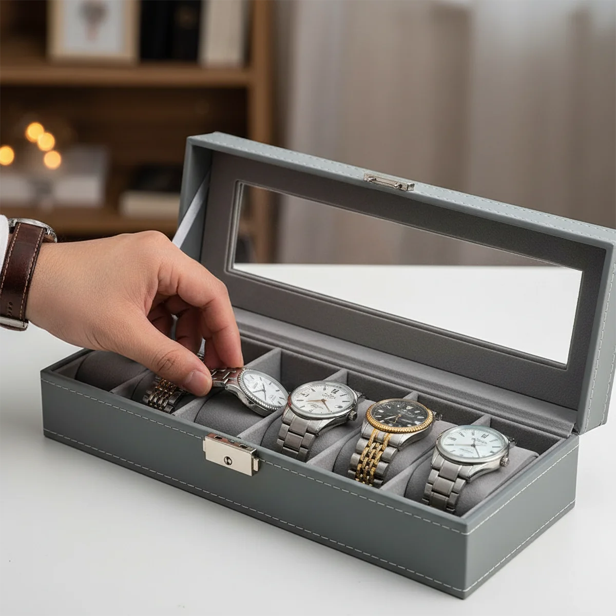 6-Slot Watch Box with Lock & Built-in Mirror - Gray Faux Leather