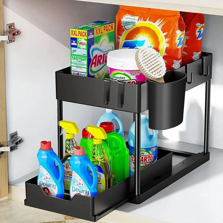 Multifunctional Storage Rack 2 Tier Under Sink Sliding Cabinet Basket