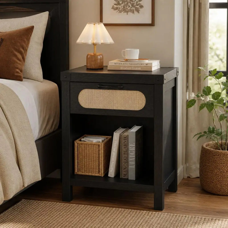 Boho Rattan Nightstand with Drawer and Open Shelf - Modern Dresser for
