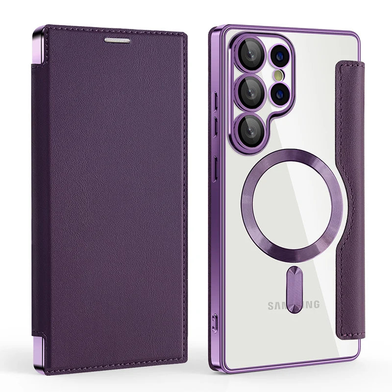 For Magsafe Magnetic Luxury Solid Color Leather Flip Wallet Card Slot