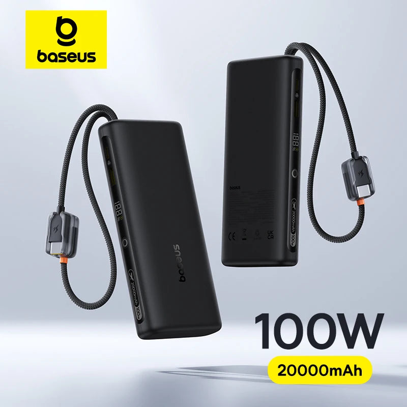 Baseus 20000mAh 100W Power Bank Built-In Dual USB-C Cable Fast Charging
