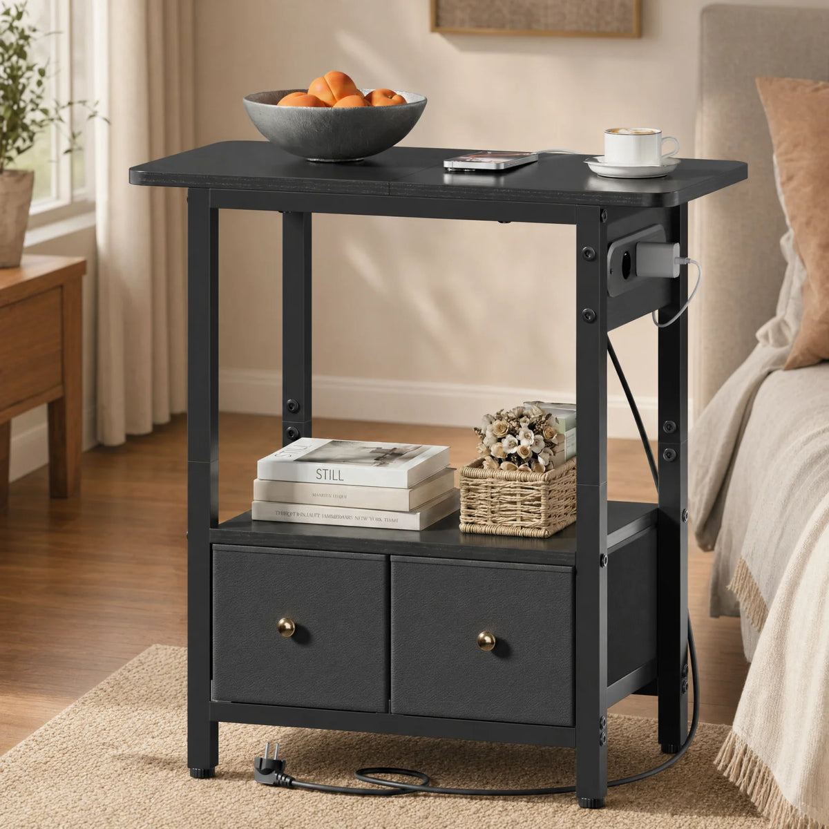 Night Stand with Charging Station, Side Table with 2 Fabric Drawers