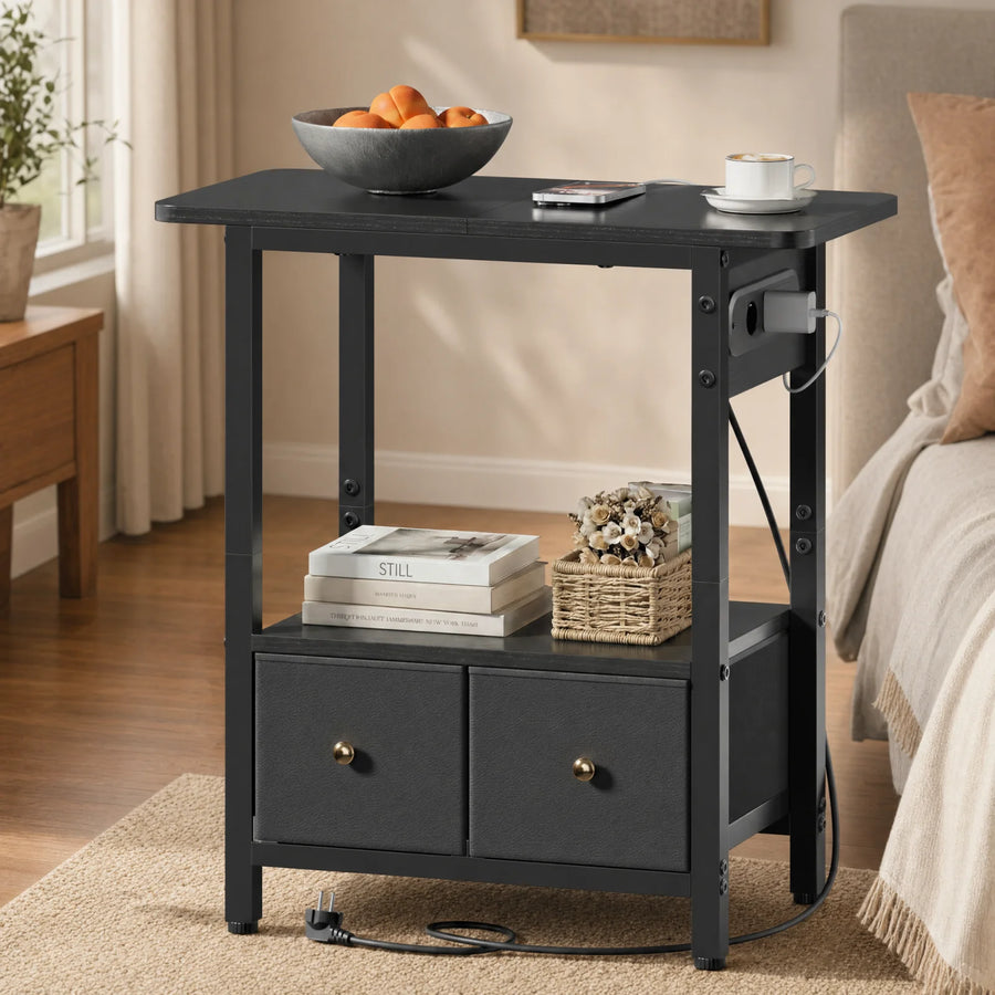Night Stand with Charging Station, Side Table with 2 Fabric Drawers