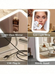 LED Makeup Mirror, 3-Color Light, 360° Rotatable, Touch Control, USB