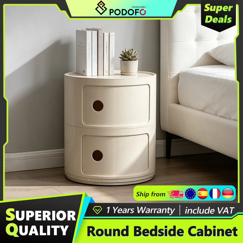 Podofo Plastic Round Bedside Nightstand with Drawers Practical Storage