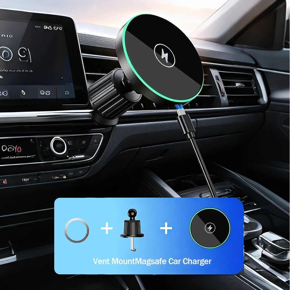 30W Fast Charging Magnetic Car Wireless Charger, LED Light Phone Mount