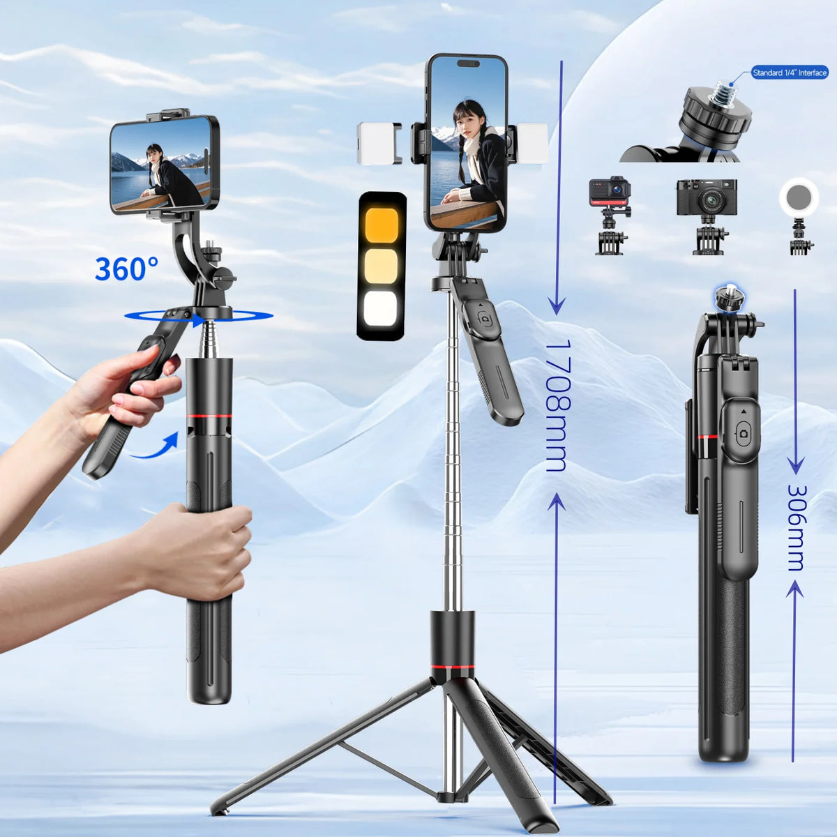 MEUYAG Selfie Stick Tripod with 1708mm Long Monopod Fill Light