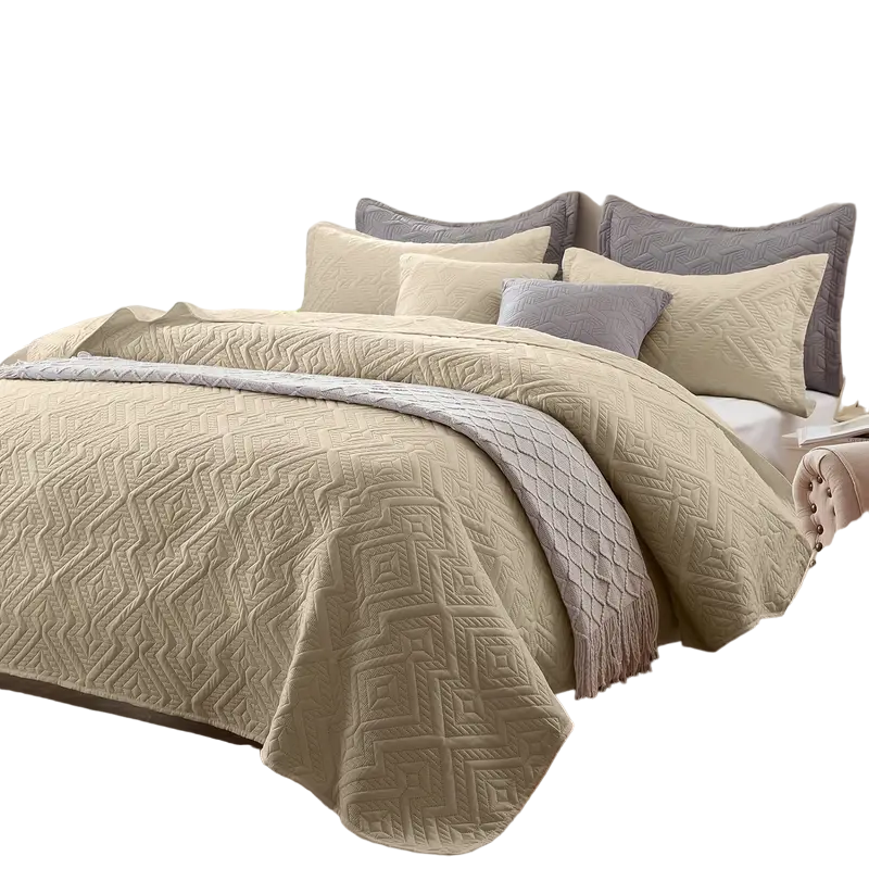 Beige Microfiber 3-Piece 150GSM Bedspread Set - Queen Size